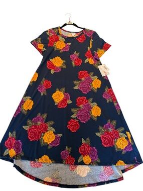 LuLaRoe Carly Navy High-Low Dress with Red, Yellow & Purple Roses
